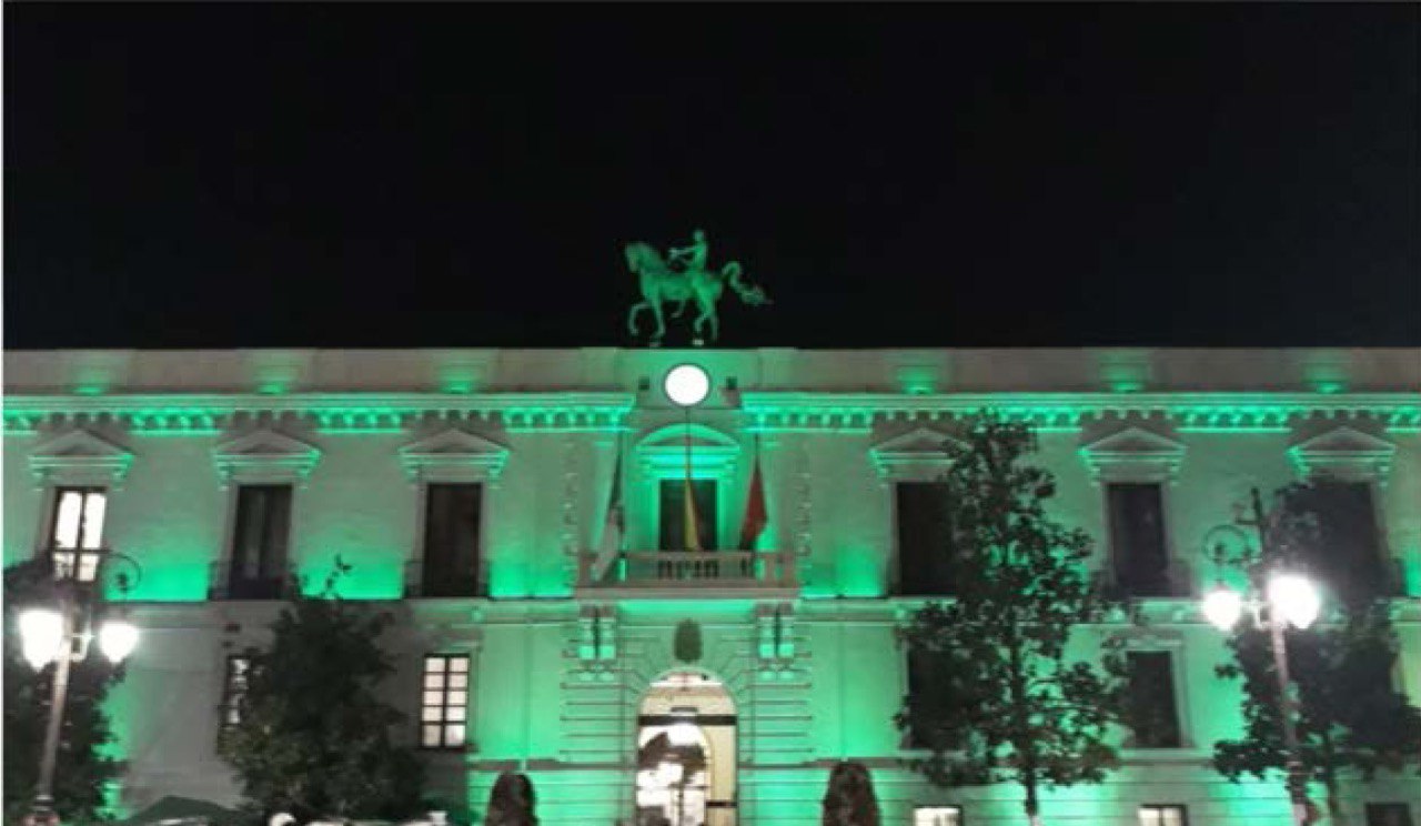 El Ayuntamiento ilumina su fachada de verde en apoyo al sector sanitario